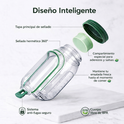 Contenedor Hermético para Ensaladas 3 en 1 | Portátil y Antifugas